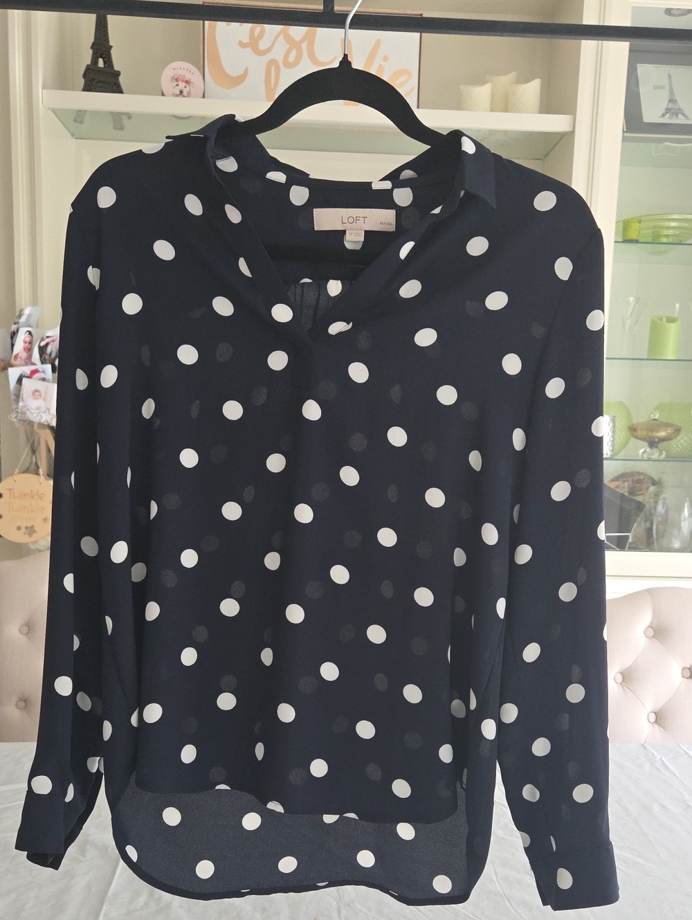 LOFT Navy and White Polka Dot Long-Sleeve Blouse - Picture 4 of 7
